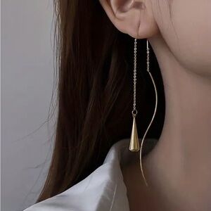 Gold Long Droplet Design Threader Earring